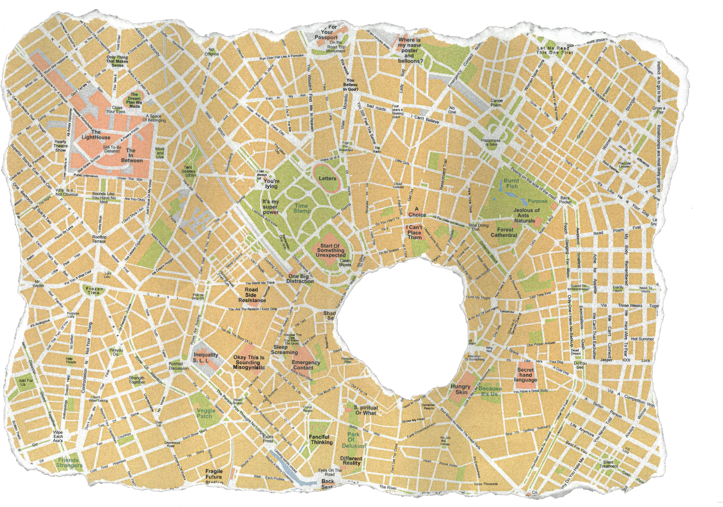 A torn street map with a ragged hole in the middle.