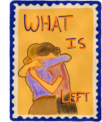 A hand-drawn What Is Left postage stamp of the two friends hugging.